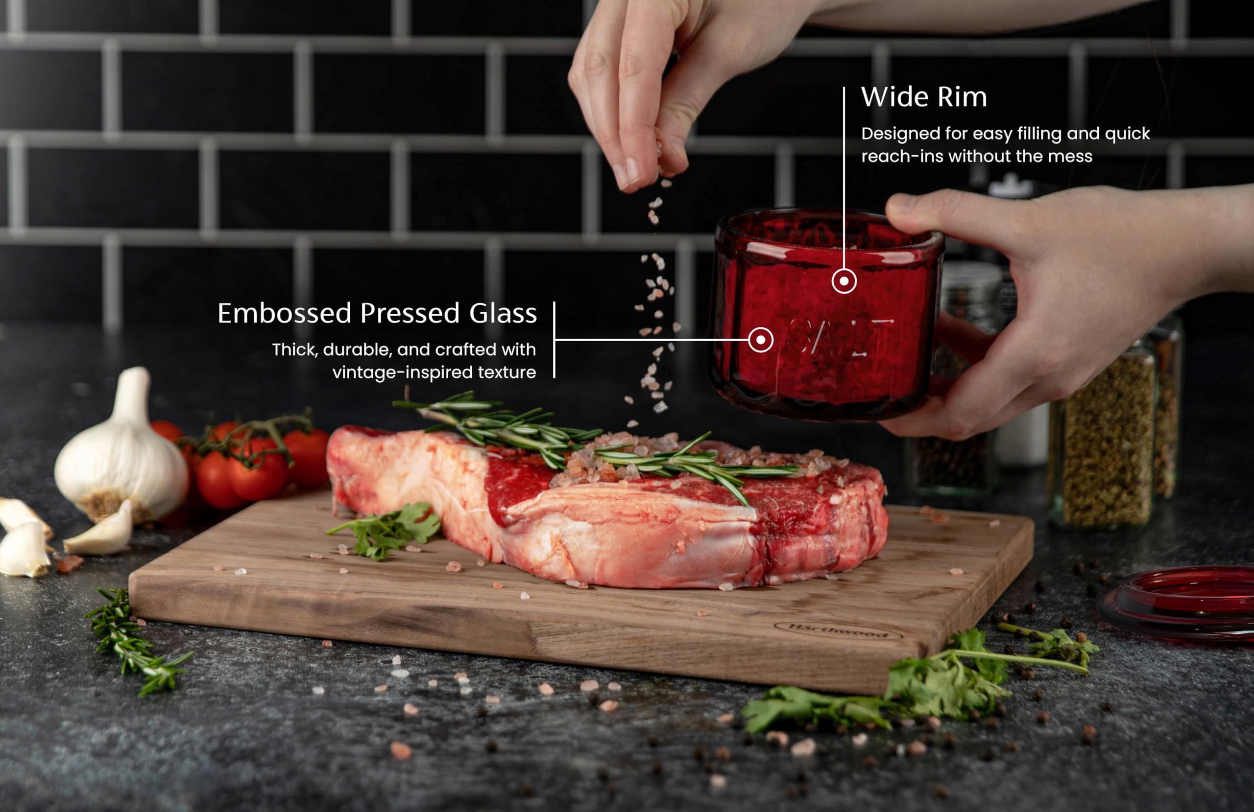KooK Salt Cellar & Jar  Round Salt Container  Pressed Clear Glass  with Clear Lid  Embossed  10 oz (Ruby)